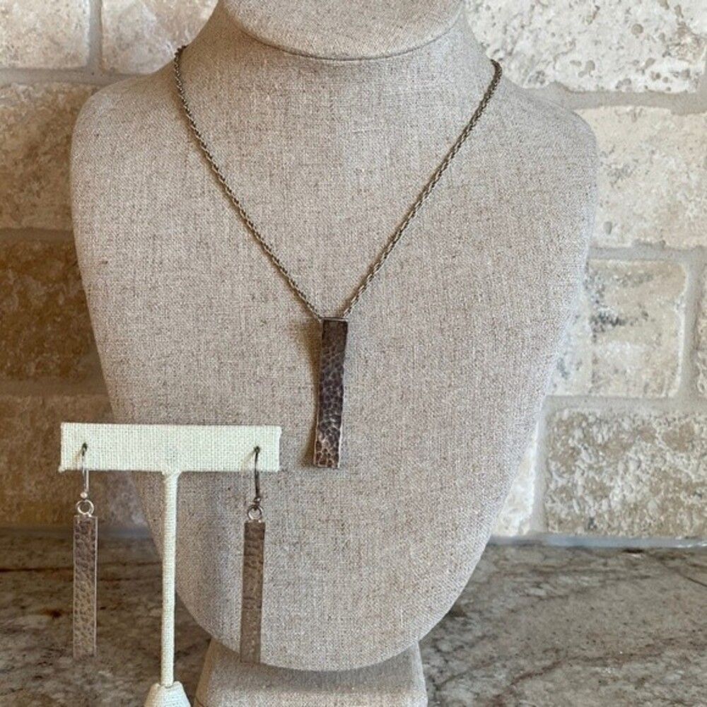 Sterling Hammered Rectangle Pendant Necklace & Dr… - image 7